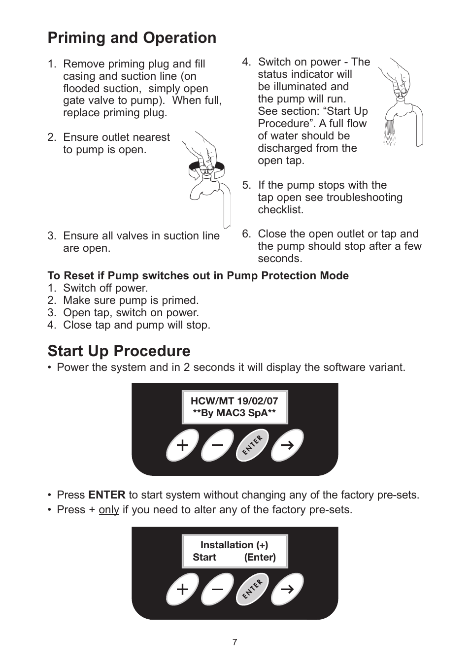 Priming and operation, Start up procedure | Davey Speedman Compact Constant Water Pressure Systems User Manual | Page 7 / 16