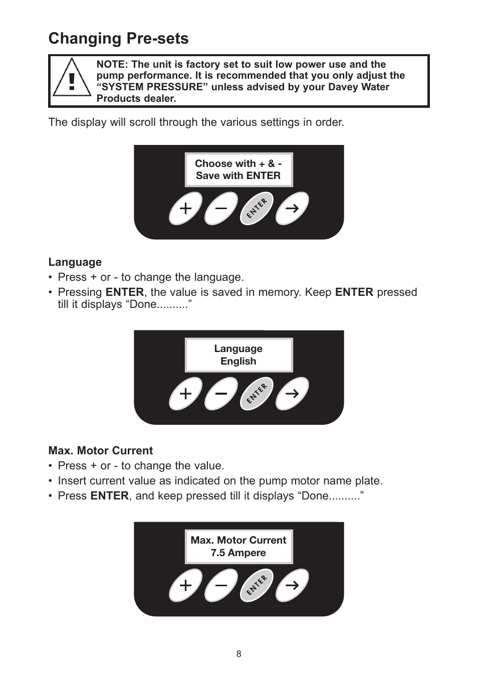 Changing pre-sets | Davey Speedman Compact Constant Water Pressure Systems User Manual | Page 8 / 16