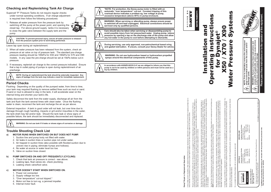 Davey X90 Water Pressure Systems User Manual | 2 pages