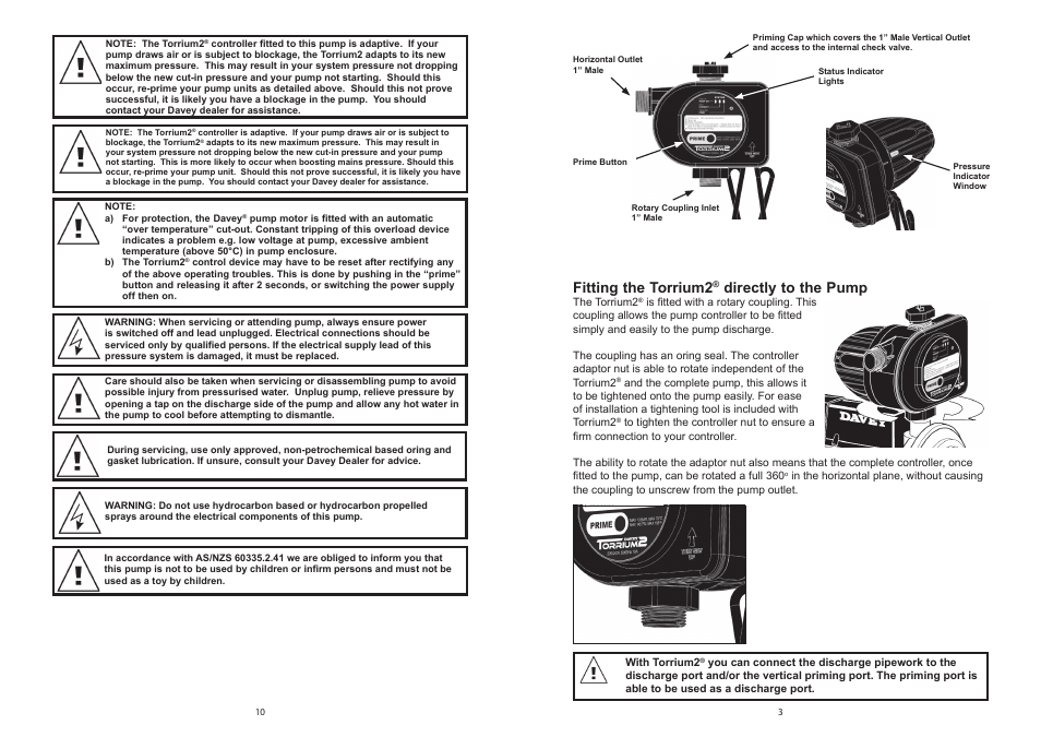 Fitting the torrium2, Directly to the pump | Davey HM Series Pressure Systems with Torrium2 User Manual | Page 3 / 6