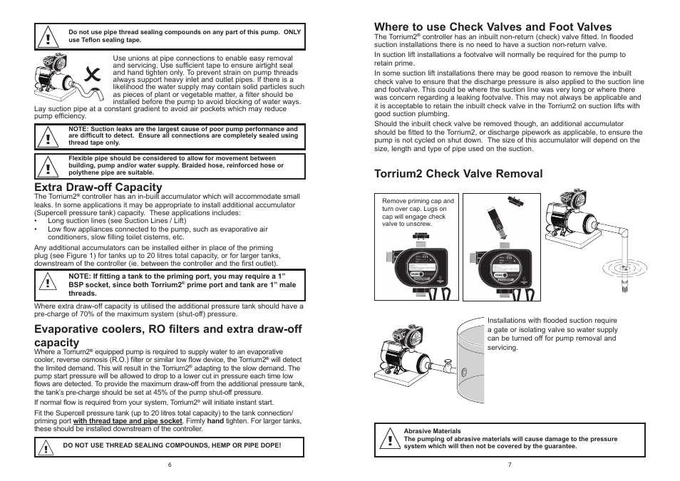 Extra draw-off capacity, Where to use check valves and foot valves, Torrium2 check valve removal | Davey HM Series Pressure Systems with Torrium2 User Manual | Page 6 / 6