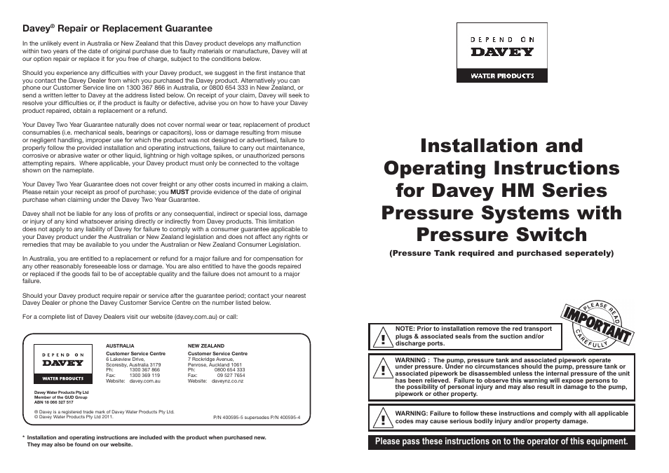 Davey HM Series Pressure Systems with Pressure Switch User Manual | 6 pages