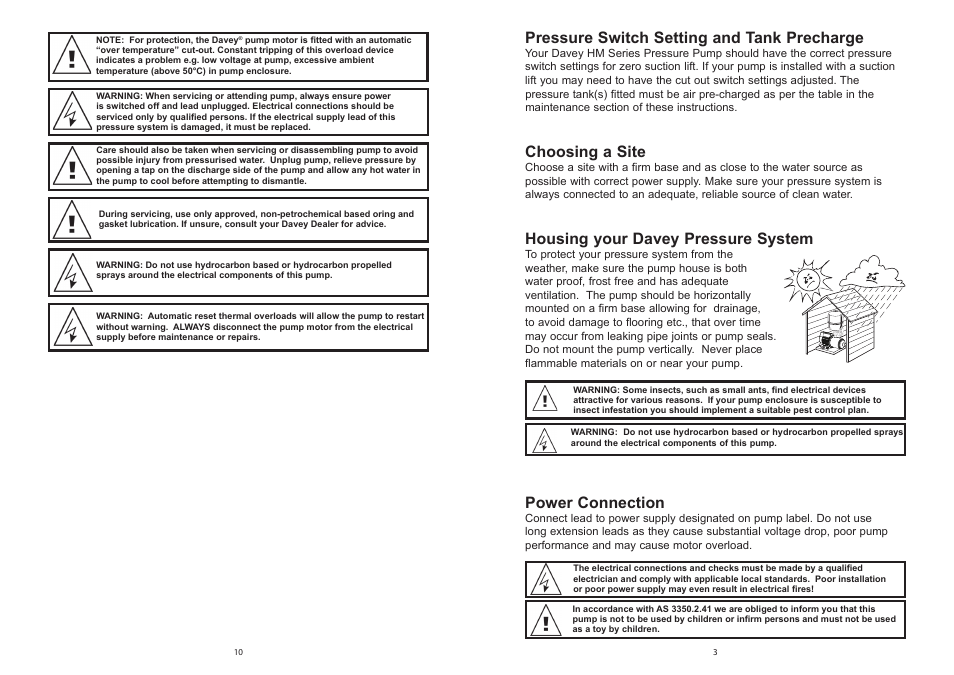 Pressure switch setting and tank precharge, Choosing a site, Housing your davey pressure system | Power connection | Davey HM Series Pressure Systems with Pressure Switch User Manual | Page 3 / 6