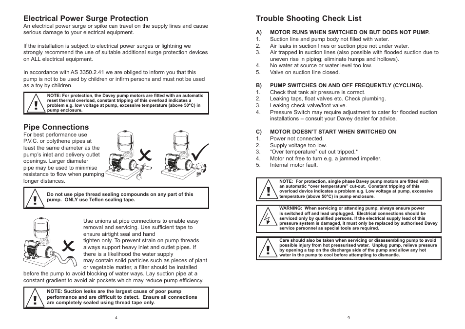 Electrical power surge protection, Pipe connections, Trouble shooting check list | Davey HM Series Pressure Systems with Pressure Switch User Manual | Page 4 / 6