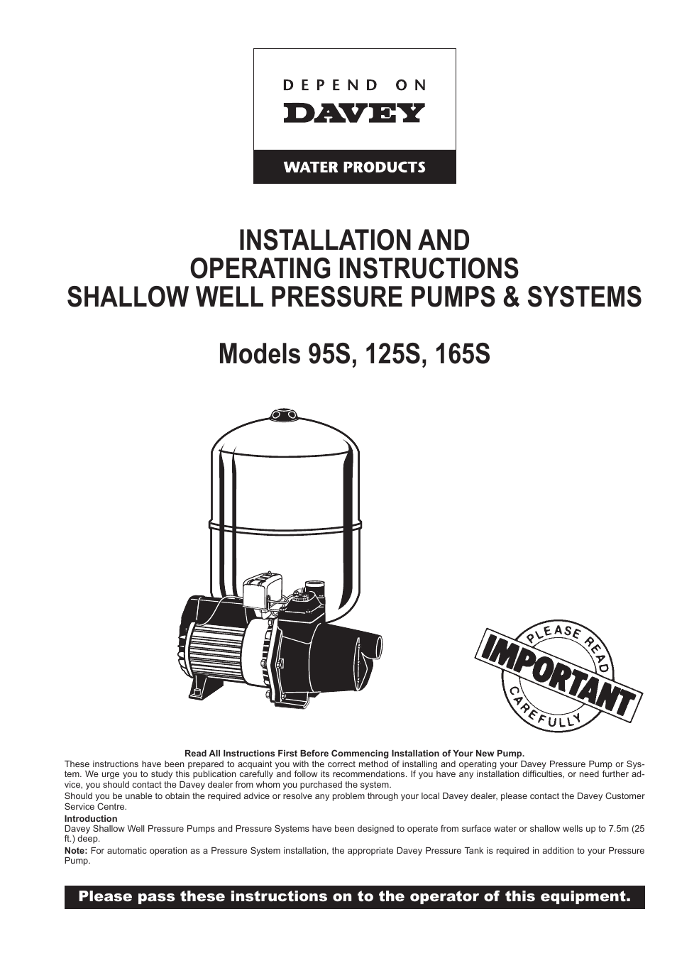 Davey 165S SHALLOW WELL PRESSURE PUMPS & SYSTEMS User Manual | 8 pages