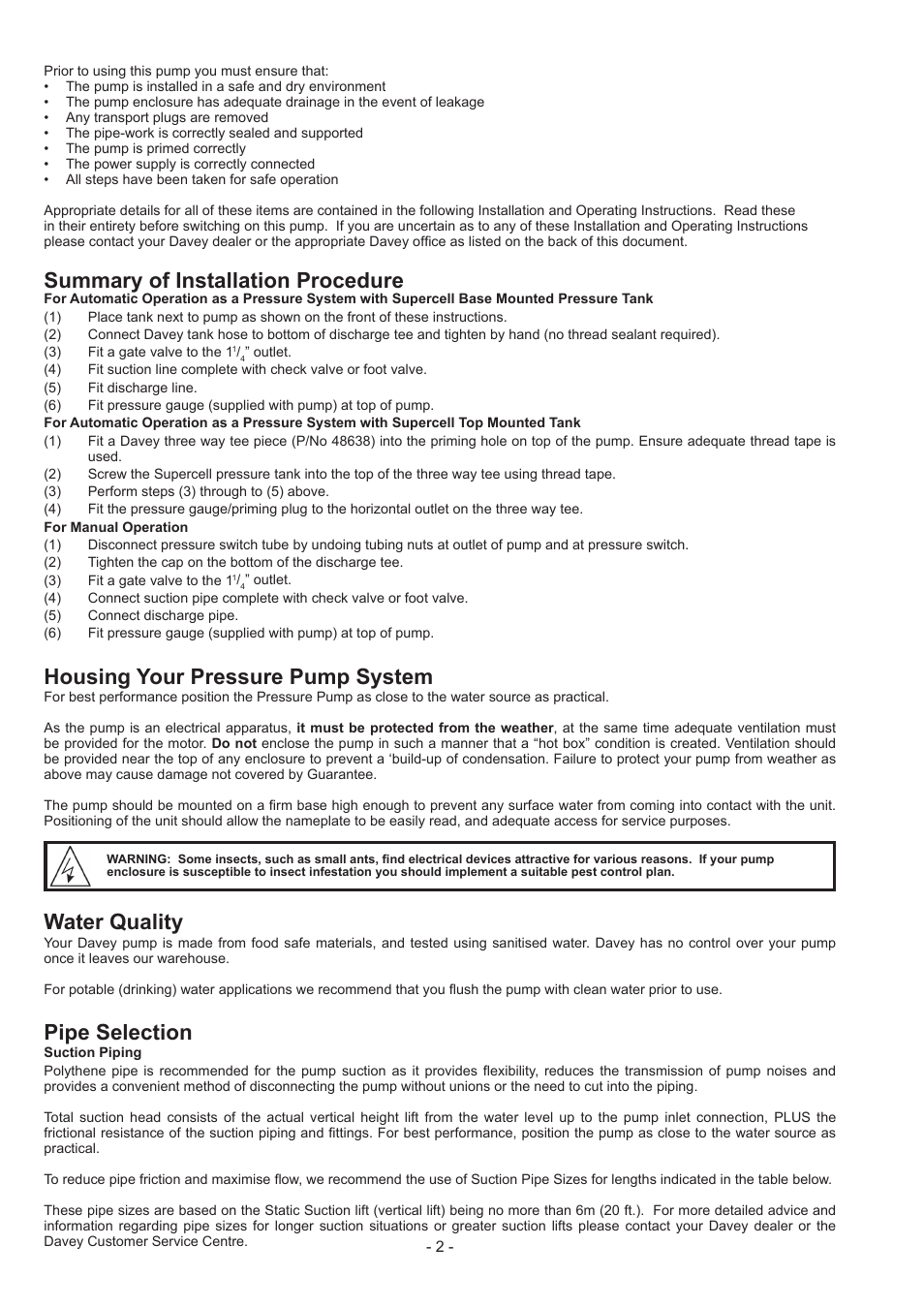 Summary of installation procedure, Housing your pressure pump system, Water quality | Pipe selection | Davey 165S SHALLOW WELL PRESSURE PUMPS & SYSTEMS User Manual | Page 2 / 8