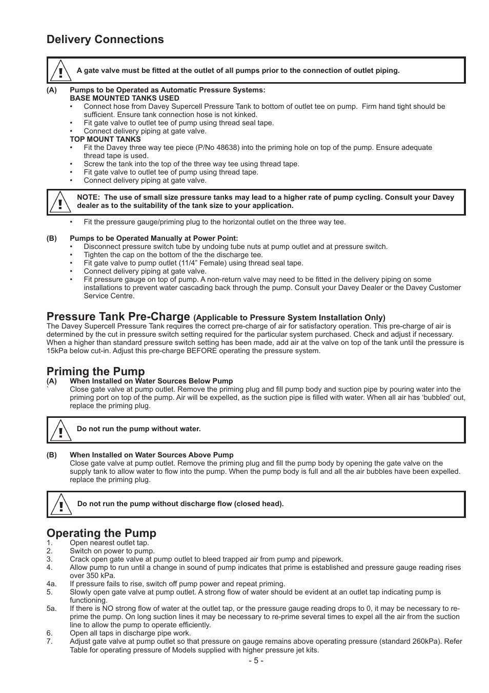 Delivery connections, Pressure tank pre-charge, Priming the pump | Operating the pump | Davey 165S SHALLOW WELL PRESSURE PUMPS & SYSTEMS User Manual | Page 5 / 8