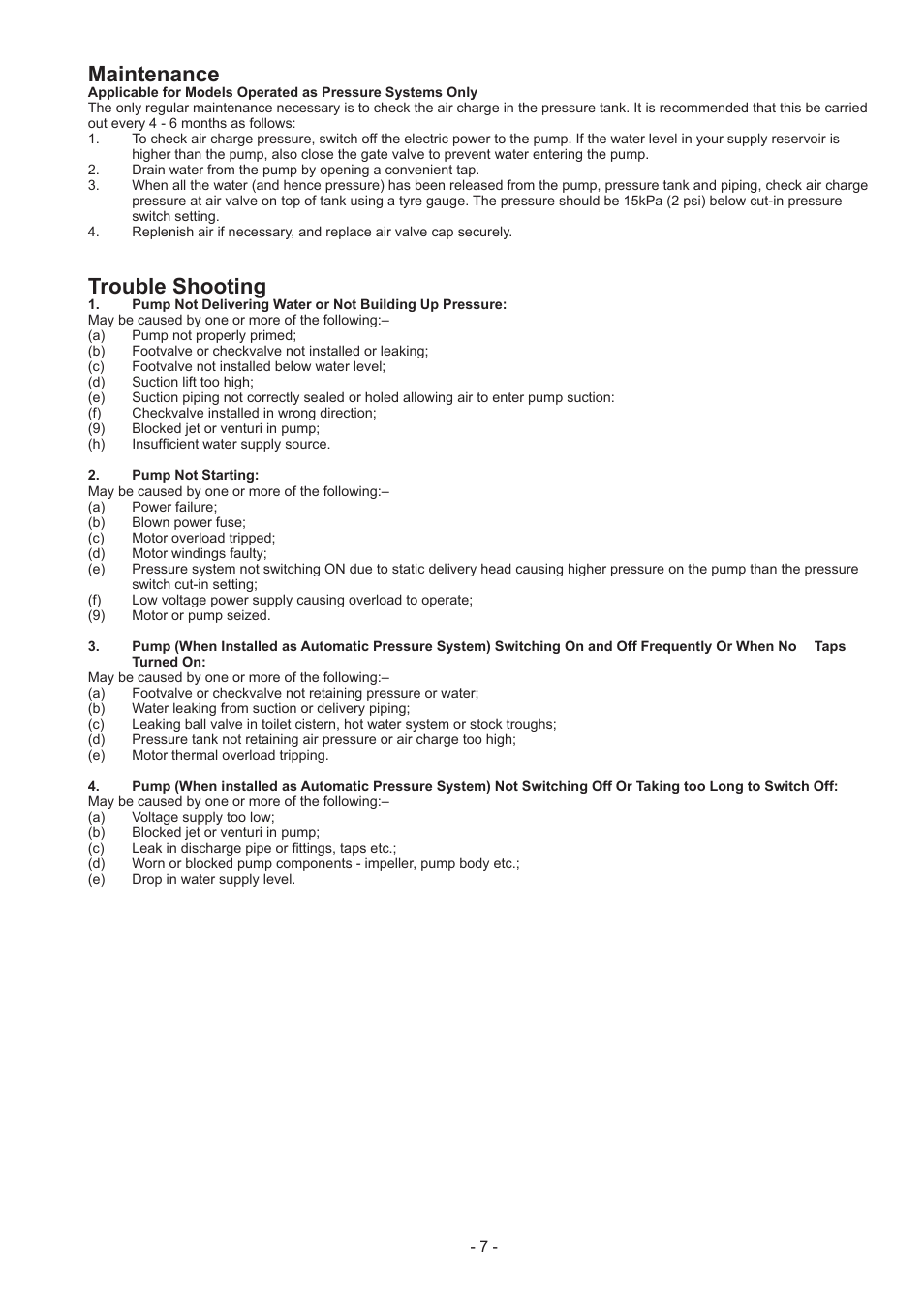 Maintenance, Trouble shooting | Davey 165S SHALLOW WELL PRESSURE PUMPS & SYSTEMS User Manual | Page 7 / 8