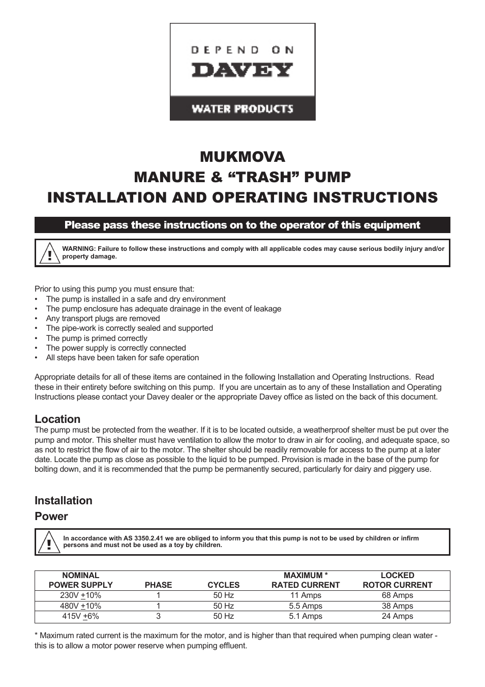 Davey MUKMOVA MANURE & TRASH PUMP User Manual | 4 pages