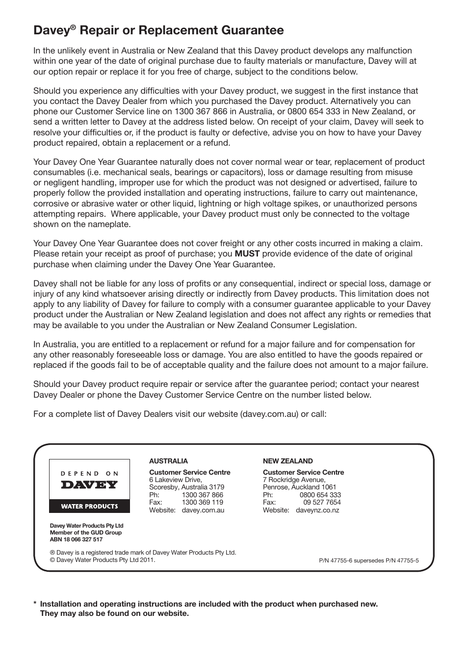 Davey, Repair or replacement guarantee | Davey MUKMOVA MANURE & TRASH PUMP User Manual | Page 4 / 4