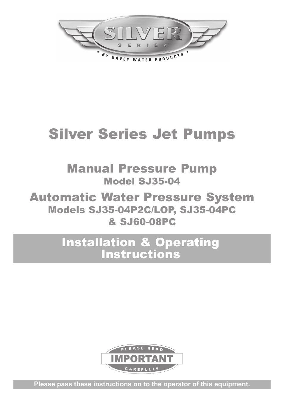 Davey SJ60-08PC Automatic Water Pressure System User Manual | 8 pages
