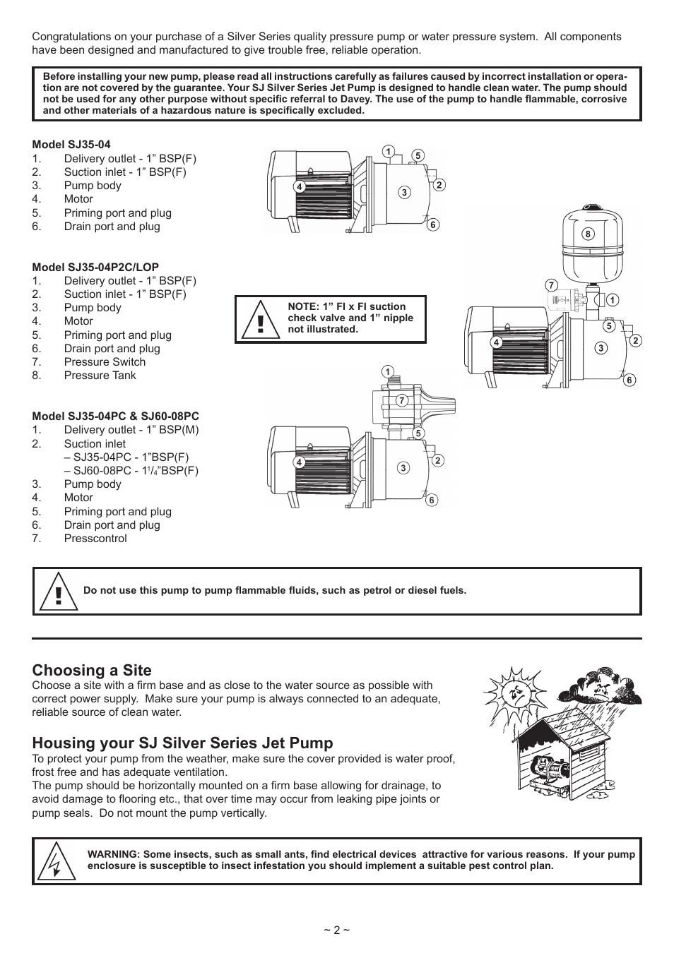 Choosing a site, Housing your sj silver series jet pump | Davey SJ60-08PC Automatic Water Pressure System User Manual | Page 2 / 8