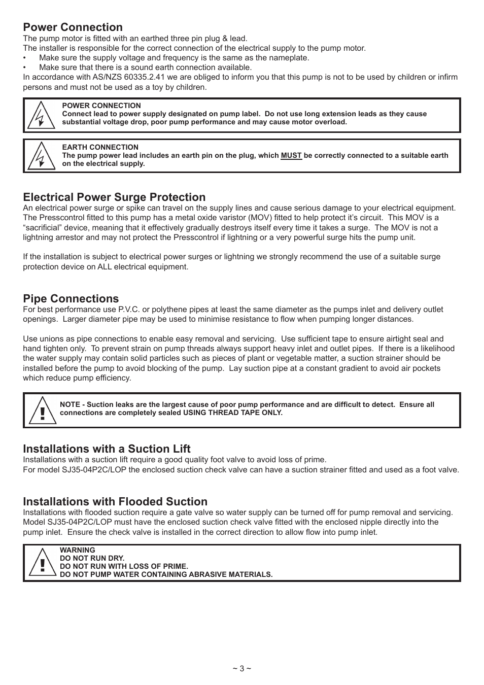Power connection, Electrical power surge protection, Pipe connections | Installations with a suction lift, Installations with flooded suction | Davey SJ60-08PC Automatic Water Pressure System User Manual | Page 3 / 8