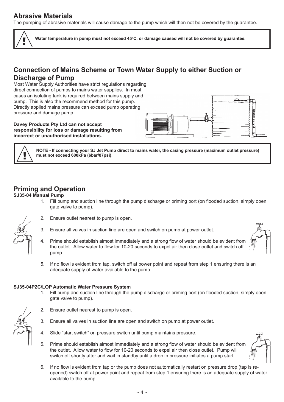 Abrasive materials, Priming and operation | Davey SJ60-08PC Automatic Water Pressure System User Manual | Page 4 / 8