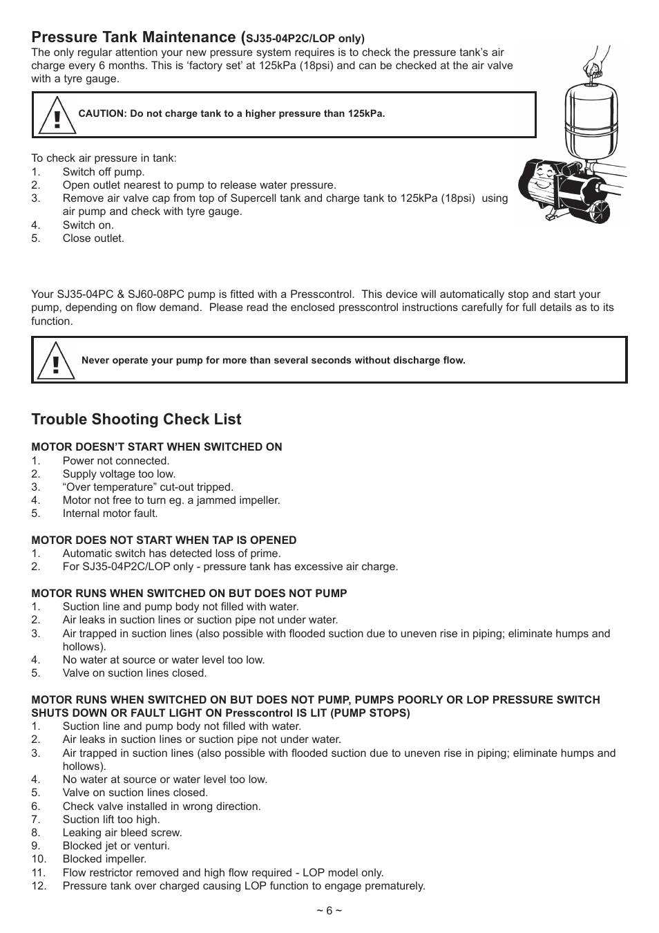 Pressure tank maintenance, Trouble shooting check list | Davey SJ60-08PC Automatic Water Pressure System User Manual | Page 6 / 8