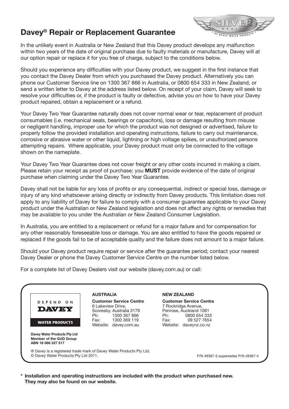 Davey, Repair or replacement guarantee | Davey SJ60-08PC Automatic Water Pressure System User Manual | Page 8 / 8