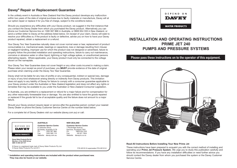 Davey PRIME JET 240 PUMPS AND PRESSURE SYSTEMS User Manual | 6 pages