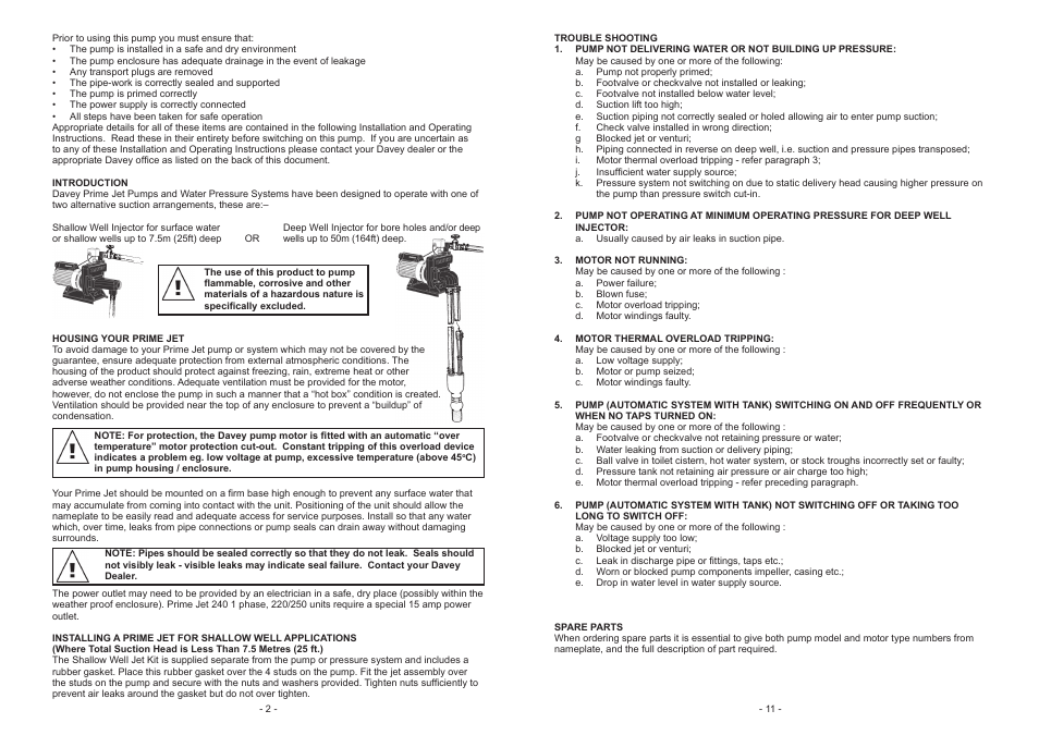 Davey PRIME JET 240 PUMPS AND PRESSURE SYSTEMS User Manual | Page 2 / 6