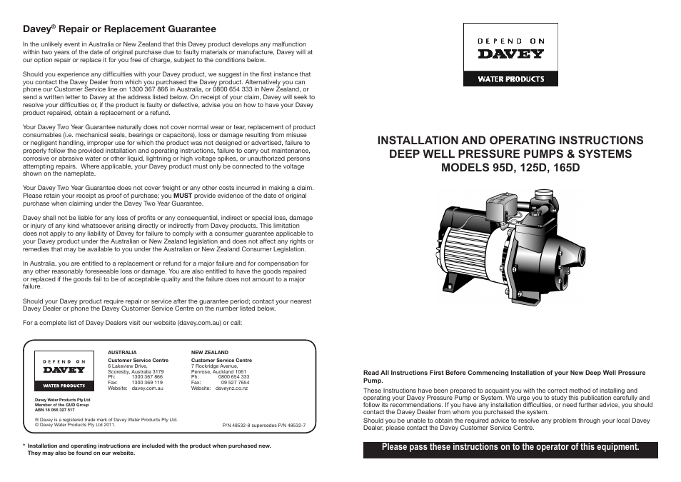 Davey 165D DEEP WELL PRESSURE PUMPS & SYSTEMS User Manual | 6 pages