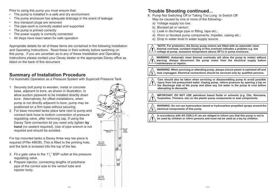 Summary of installation procedure, Trouble shooting continued | Davey 165D DEEP WELL PRESSURE PUMPS & SYSTEMS User Manual | Page 2 / 6