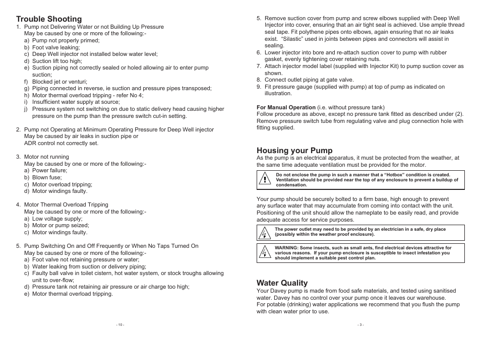 Housing your pump, Water quality, Trouble shooting | Davey 165D DEEP WELL PRESSURE PUMPS & SYSTEMS User Manual | Page 3 / 6