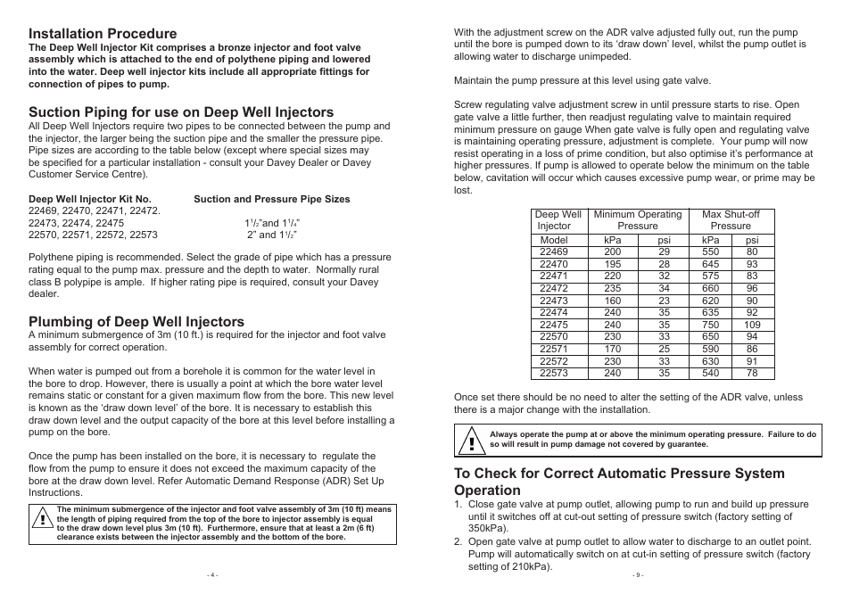 Installation procedure, Suction piping for use on deep well injectors, Plumbing of deep well injectors | Davey 165D DEEP WELL PRESSURE PUMPS & SYSTEMS User Manual | Page 4 / 6