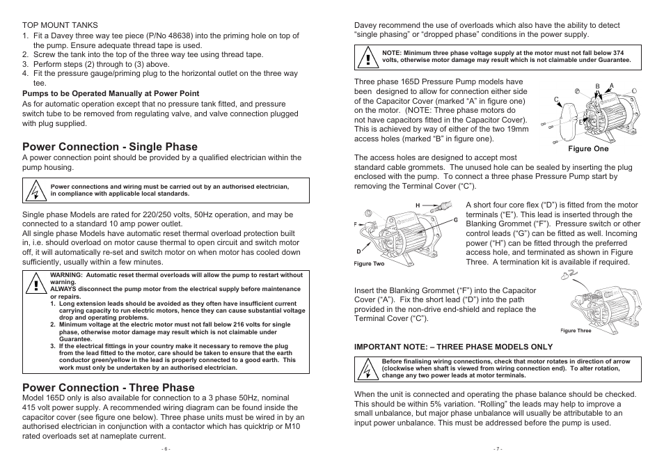 Power connection - single phase, Power connection - three phase | Davey 165D DEEP WELL PRESSURE PUMPS & SYSTEMS User Manual | Page 6 / 6