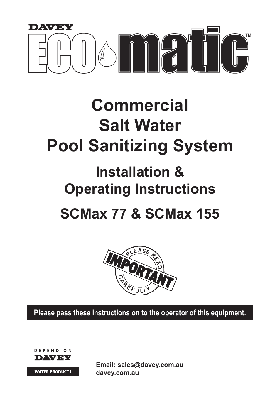 Davey SCMax 77 ECOMATIC Salt Water Pool Sanitizing System User Manual | 16 pages