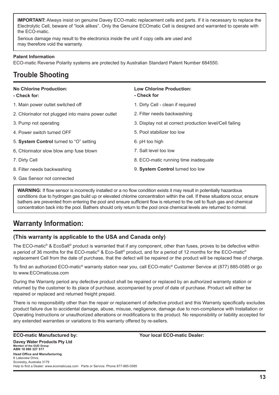 Trouble shooting, Warranty information | Davey SCMax 77 ECOMATIC Salt Water Pool Sanitizing System User Manual | Page 13 / 16