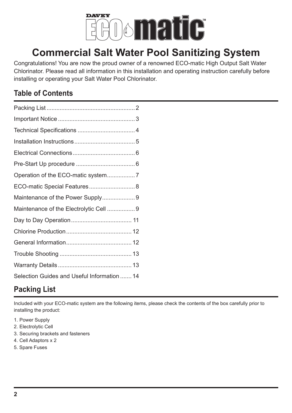 Davey SCMax 77 ECOMATIC Salt Water Pool Sanitizing System User Manual | Page 2 / 16