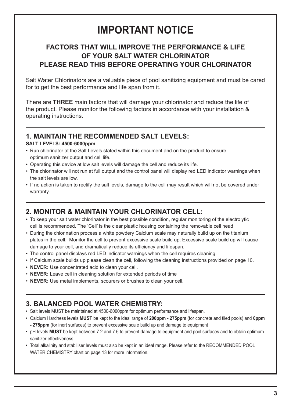 Important notice | Davey SCMax 77 ECOMATIC Salt Water Pool Sanitizing System User Manual | Page 3 / 16