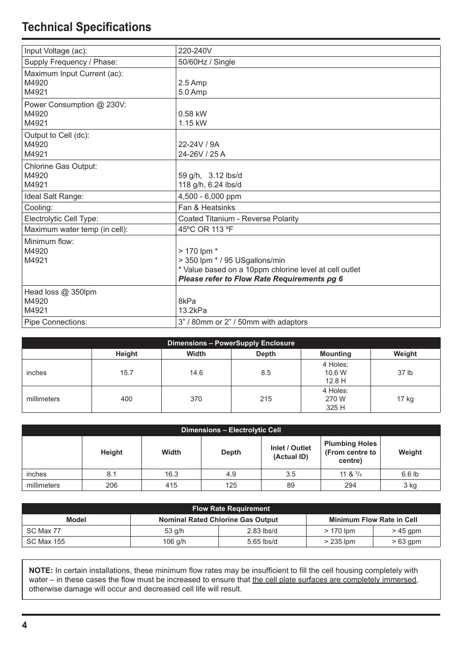 Technical specifications | Davey SCMax 77 ECOMATIC Salt Water Pool Sanitizing System User Manual | Page 4 / 16