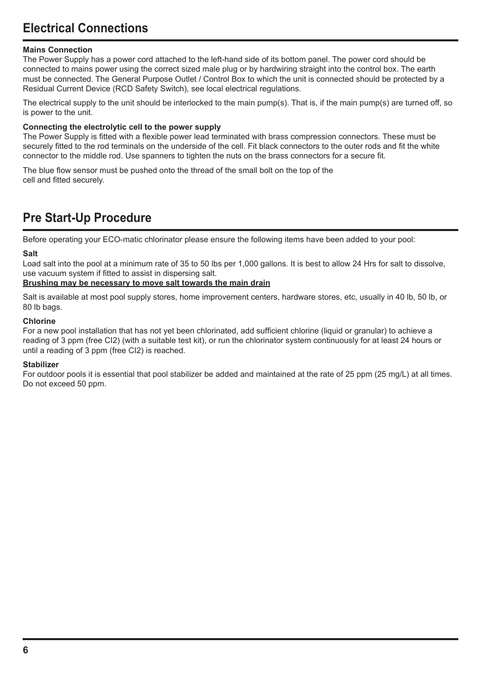 Electrical connections, Pre start-up procedure | Davey SCMax 77 ECOMATIC Salt Water Pool Sanitizing System User Manual | Page 6 / 16