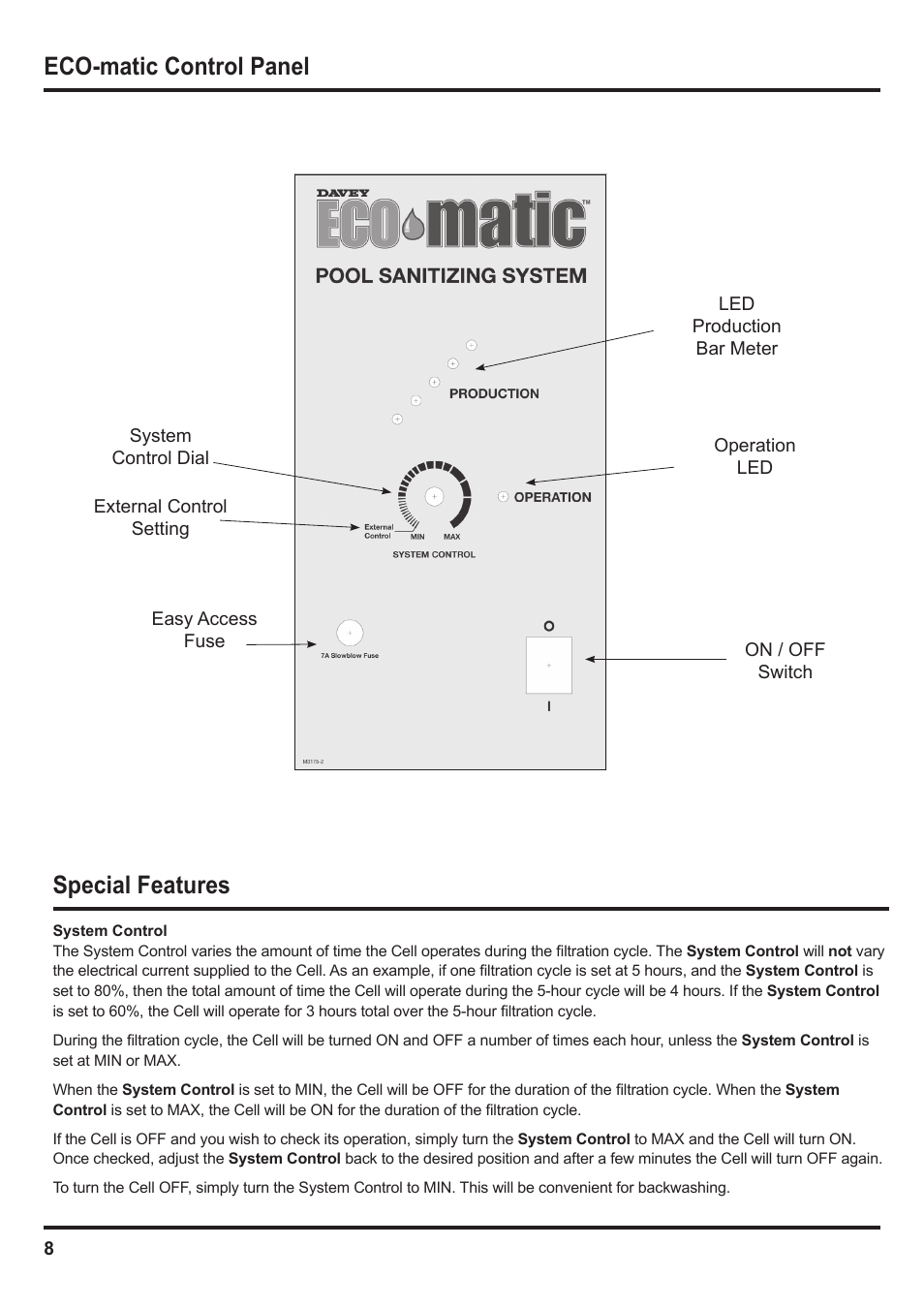 Eco-matic control panel, Special features | Davey SCMax 77 ECOMATIC Salt Water Pool Sanitizing System User Manual | Page 8 / 16