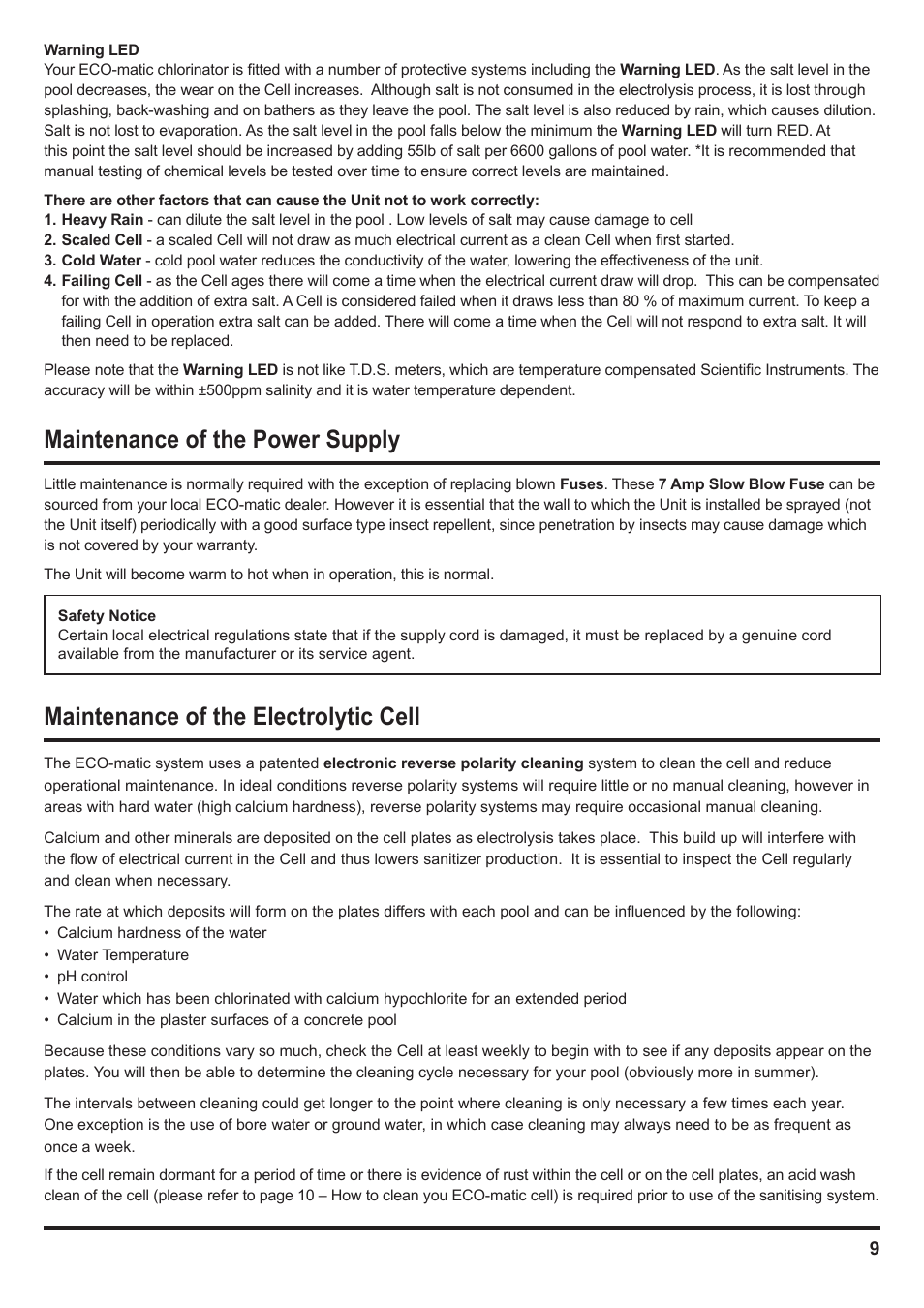 Maintenance of the power supply, Maintenance of the electrolytic cell | Davey SCMax 77 ECOMATIC Salt Water Pool Sanitizing System User Manual | Page 9 / 16