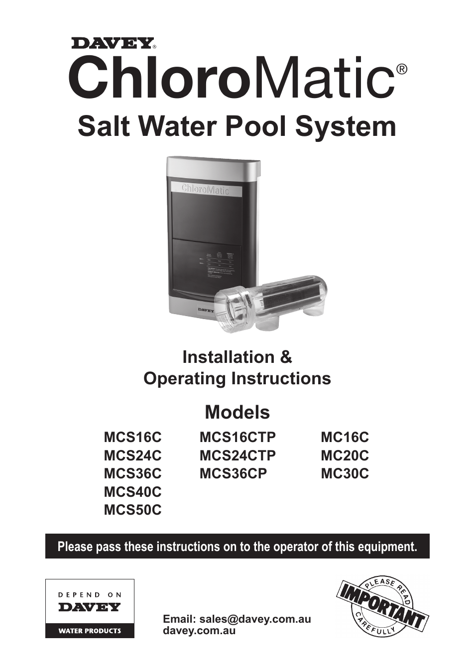 Davey MCxxC CHLOROMATIC Salt Water Pool System User Manual | 20 pages