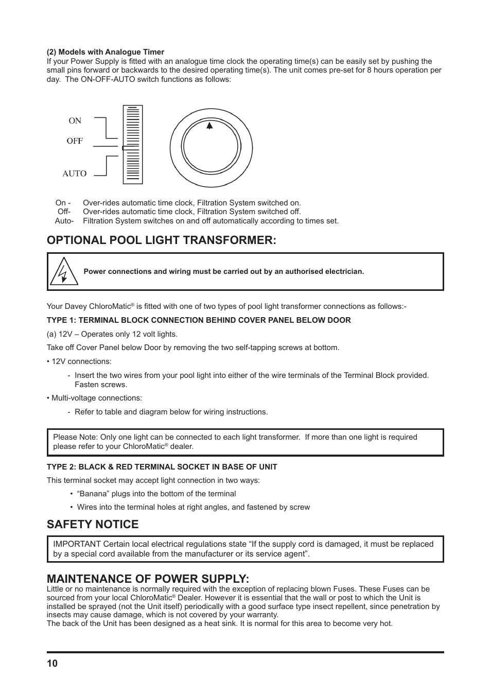 Optional pool light transformer, Safety notice, Maintenance of power supply | Davey MCxxC CHLOROMATIC Salt Water Pool System User Manual | Page 10 / 20