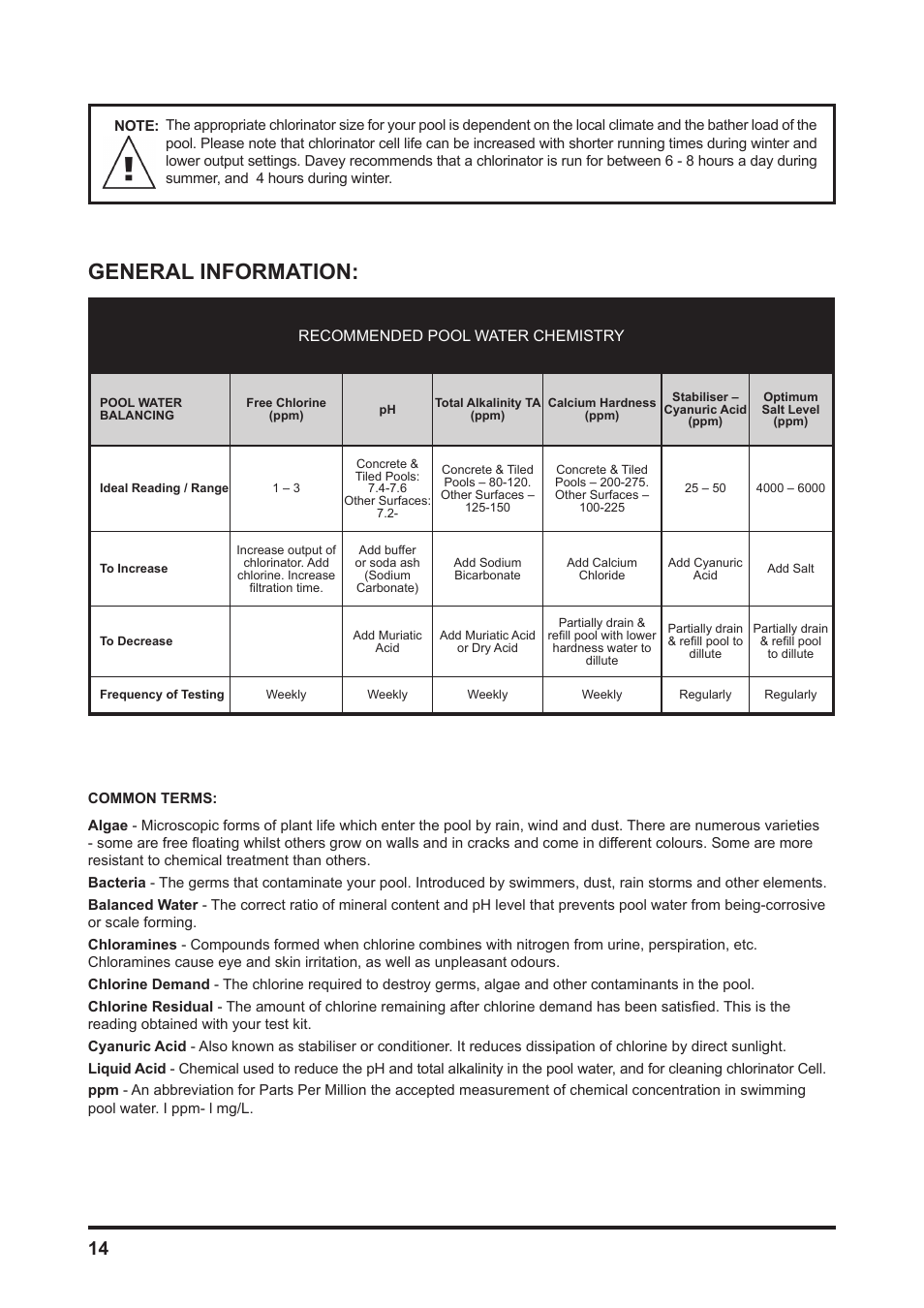 General information, Recommended pool water chemistry | Davey MCxxC CHLOROMATIC Salt Water Pool System User Manual | Page 14 / 20