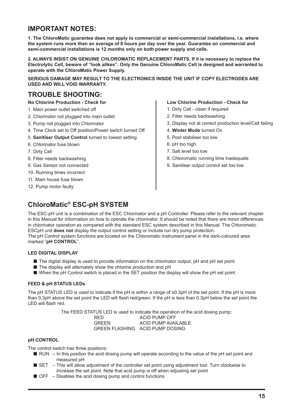 Chloromatic, Esc-ph system, Trouble shooting | Davey MCxxC CHLOROMATIC Salt Water Pool System User Manual | Page 15 / 20