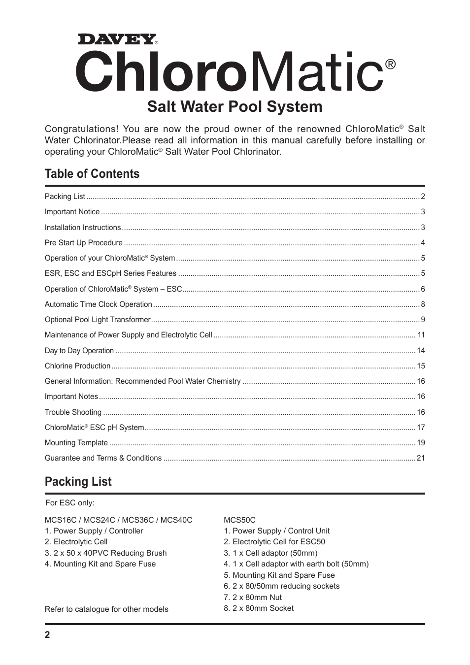 Davey MCxxC CHLOROMATIC Salt Water Pool System User Manual | Page 2 / 20