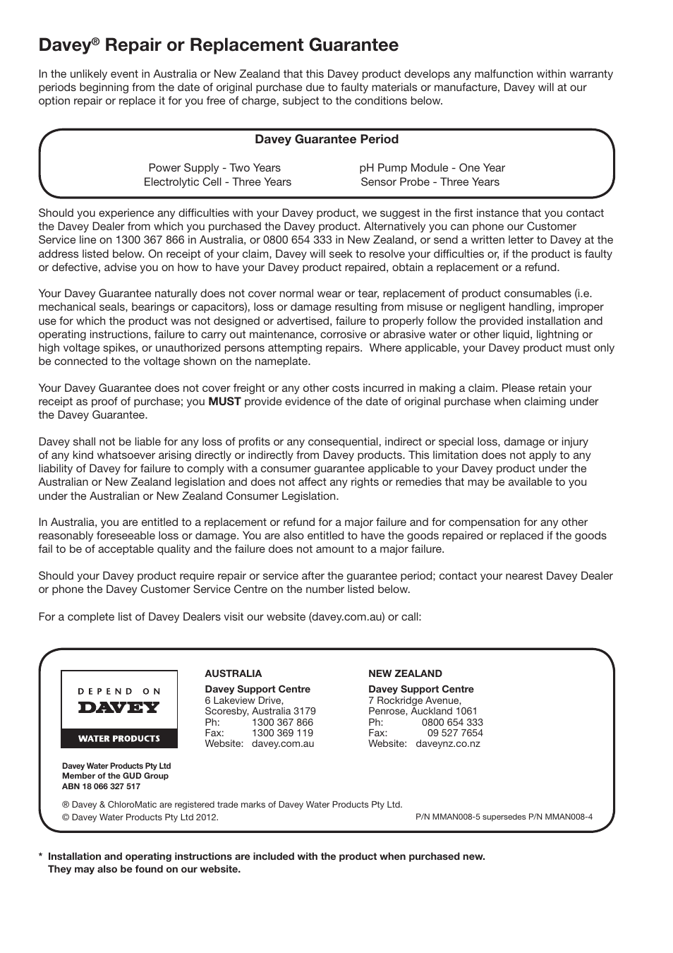 Davey, Repair or replacement guarantee | Davey MCxxC CHLOROMATIC Salt Water Pool System User Manual | Page 20 / 20