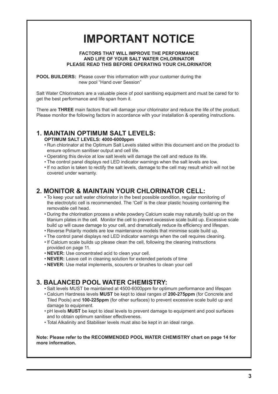 Important notice, Salt water pool system, Maintain optimum salt levels | Monitor & maintain your chlorinator cell, Balanced pool water chemistry | Davey MCxxC CHLOROMATIC Salt Water Pool System User Manual | Page 3 / 20