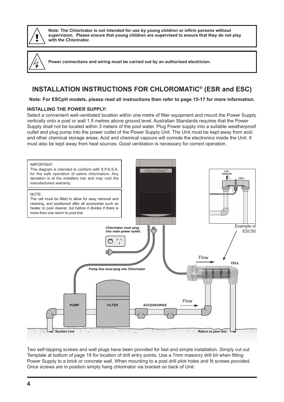 Installation instructions for chloromatic, Esr and esc) | Davey MCxxC CHLOROMATIC Salt Water Pool System User Manual | Page 4 / 20