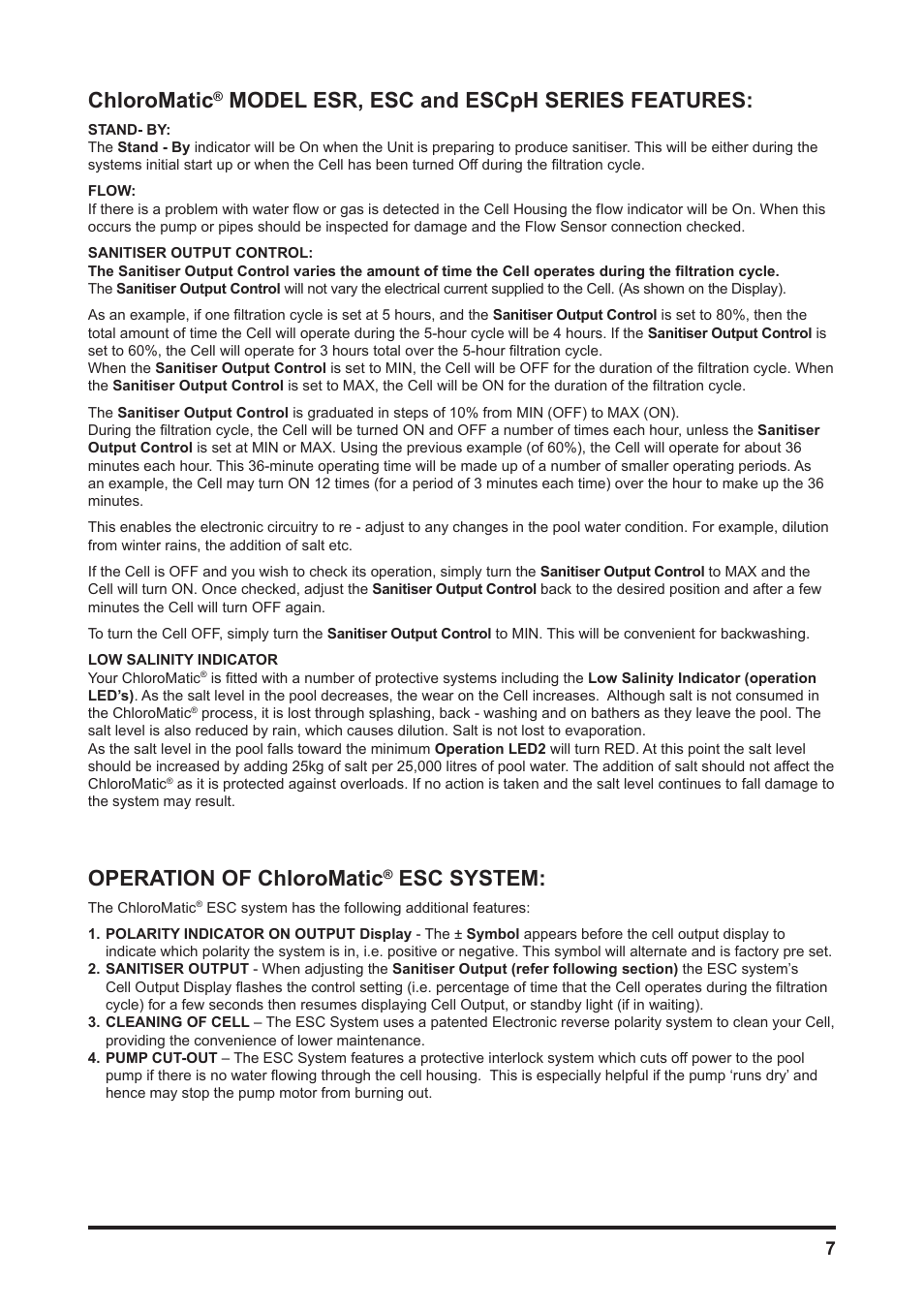 Chloromatic, Model esr, esc and escph series features, Operation of chloromatic | Esc system | Davey MCxxC CHLOROMATIC Salt Water Pool System User Manual | Page 7 / 20