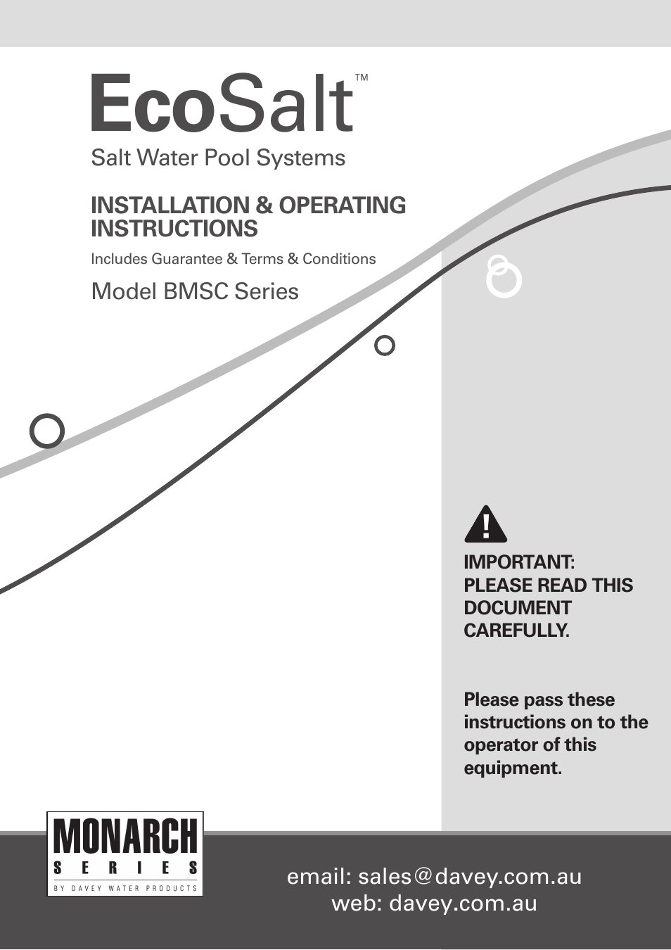 Davey BMSC Series ECOSALT Salt Water Pool Systems User Manual | 16 pages