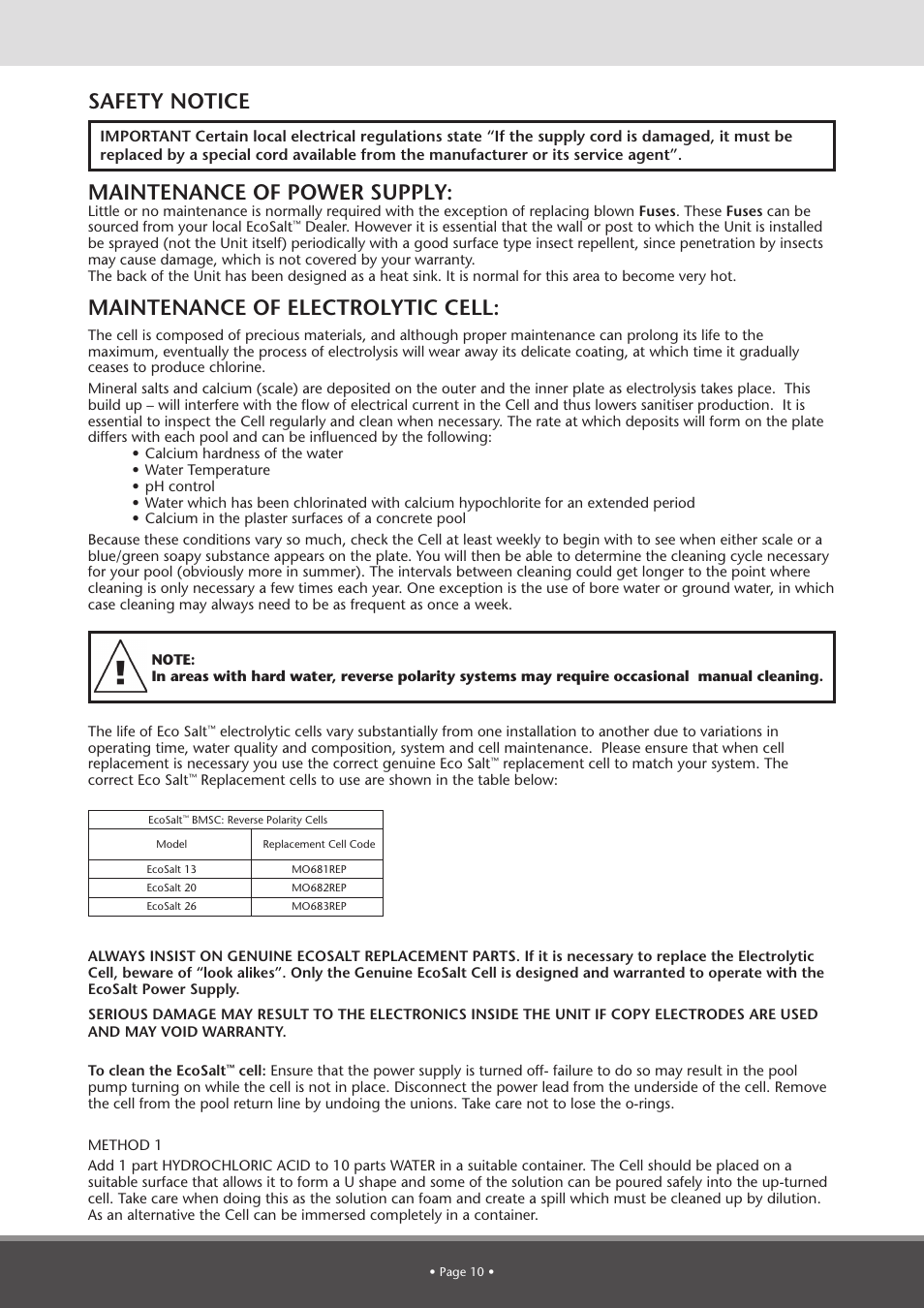 Safety notice maintenance of power supply, Maintenance of electrolytic cell | Davey BMSC Series ECOSALT Salt Water Pool Systems User Manual | Page 10 / 16