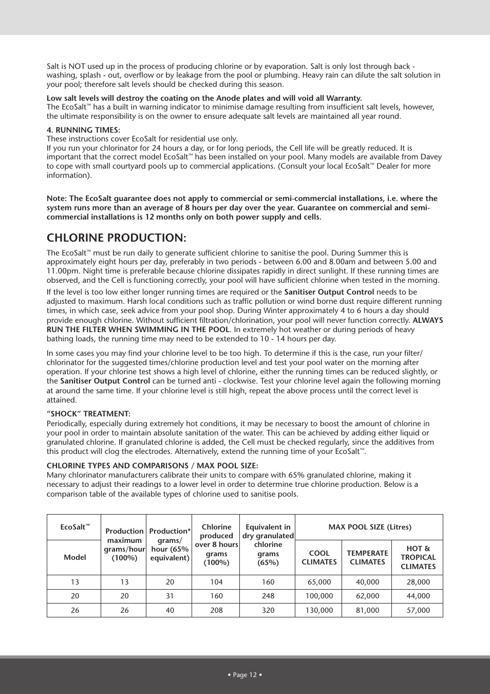 Chlorine production | Davey BMSC Series ECOSALT Salt Water Pool Systems User Manual | Page 12 / 16