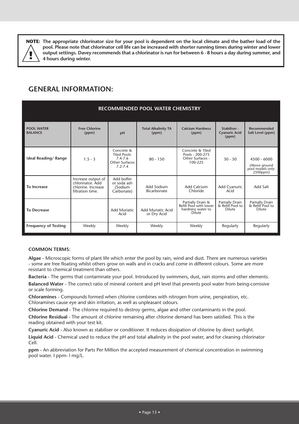 General information, Recommended pool water chemistry | Davey BMSC Series ECOSALT Salt Water Pool Systems User Manual | Page 13 / 16