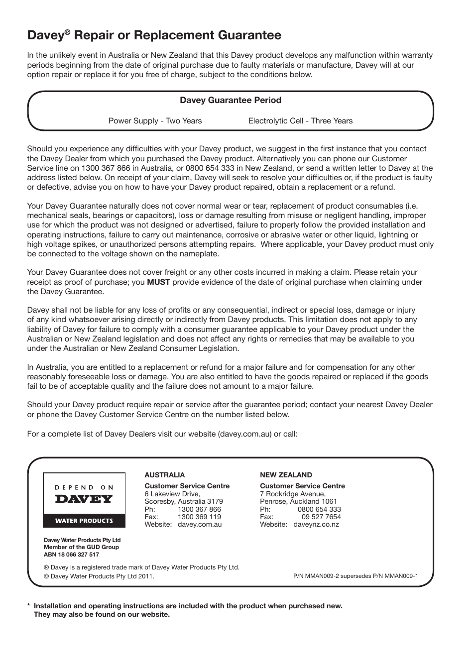Davey, Repair or replacement guarantee | Davey BMSC Series ECOSALT Salt Water Pool Systems User Manual | Page 16 / 16