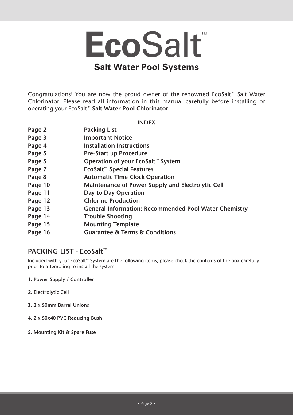 Eco salt, Salt water pool systems | Davey BMSC Series ECOSALT Salt Water Pool Systems User Manual | Page 2 / 16